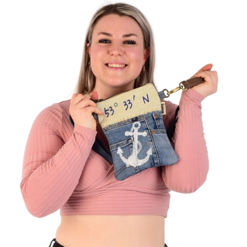 Sunsa Damen Umhängetasche. Schultertasche aus Upcycling Jeans und Canvas (Segeltuch). Handtasche Vintage Retro-Stil. Crossbody Tasche für Frauen mit Anker Maritimmotiv