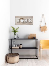 Wooden wall art with the word "HOME" and a heart-shaped decoration, approximately 33x70 cm in size, featuring a nature-inspired motif.