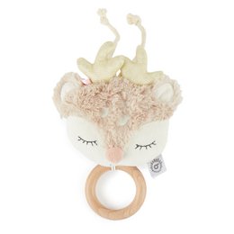  Soft, plush unicorn-themed baby rattle with wooden teething ring. Pastel colors and whimsical design make this a charming addition to a nursery.