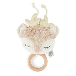 Soft, plush unicorn-themed baby rattle with wooden teething ring. Pastel colors and whimsical design make this a charming addition to a nursery.