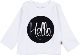 White long-sleeved baby t-shirt with "Hello" text in a black circle graphic.