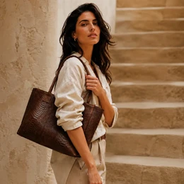 Large brown leather tote bag with textured snake-skin pattern and dual handles.