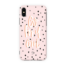 Eco-friendly iPhone cover with a pink and black polka dot design and the text "Oh hi girl" printed on it.
