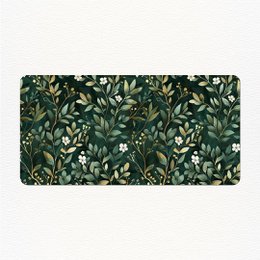Large green and white floral patterned mouse pad with a laptop and coins on it.