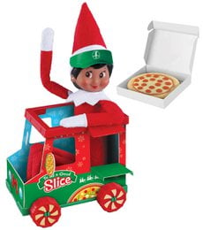 Elf doll with red and green pizza truck playset, includes pizza accessory, festive holiday toy