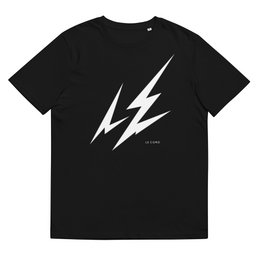 Black cotton t-shirt with large white lightning bolt graphic on front. Casual, sporty style suitable for men.