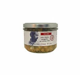  Glass jar chickpea zucchini salad with green vegetables and lime, ready-to-eat food product