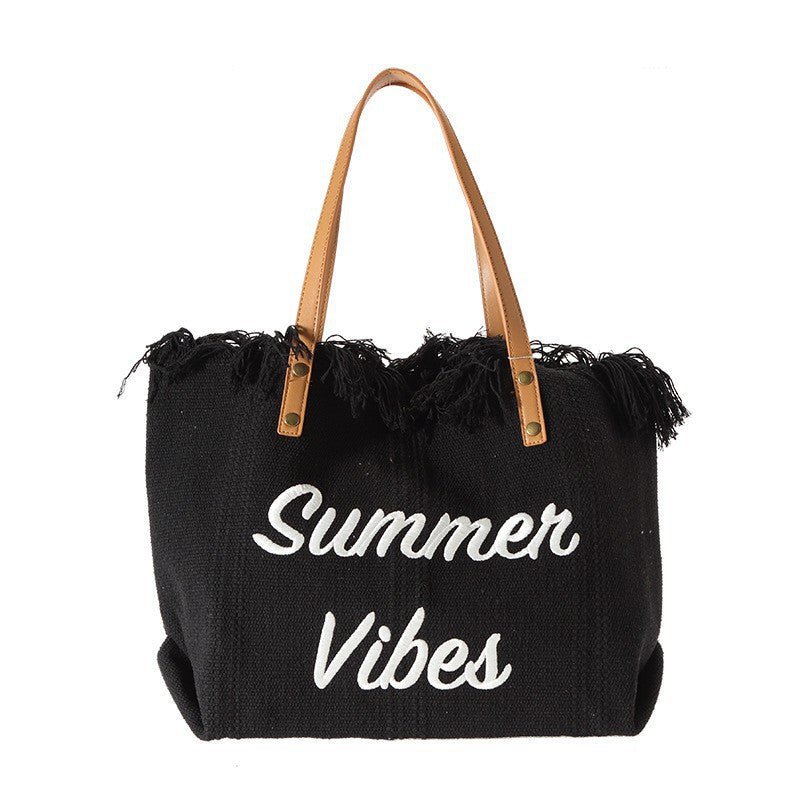Sac fourre-tout en toile grande capacité avec lettres brodées, sac à main pour femme, sac de plage tissé, sac à bandoulière
