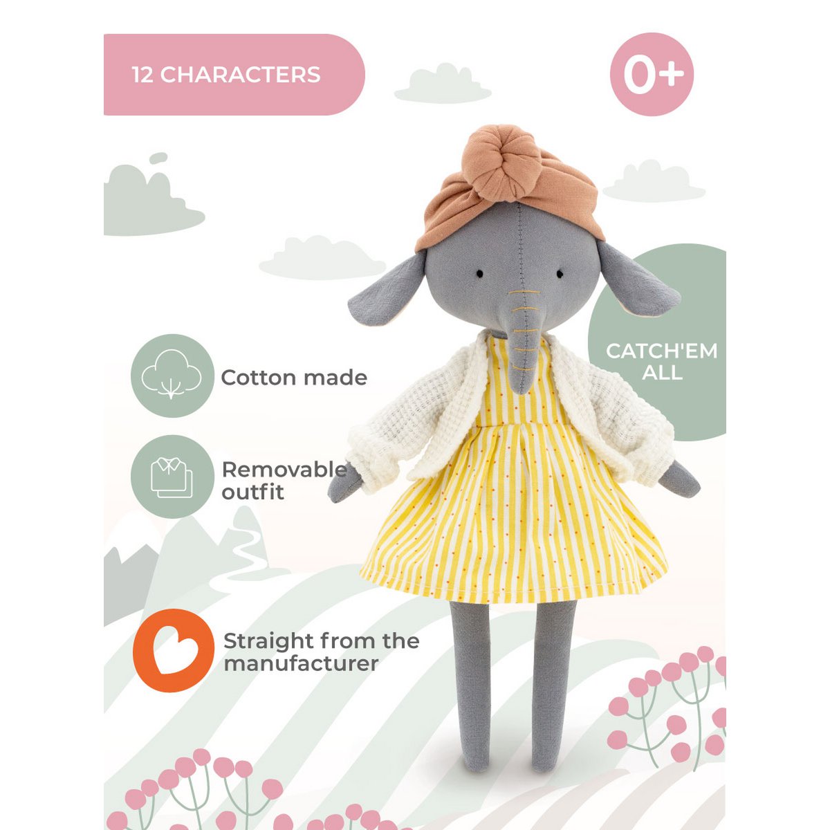 Peluche en coton, Cotti Motti, Alice l'éléphant (30cm)