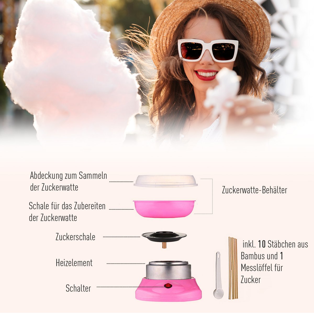 Máquina de algodón de azúcar para el hogar Máquina de algodón de azúcar Máquina de algodón de azúcar con palos y cuchara medidora Altura 18 cm 550 W para festivales infantiles, cumpleaños, fiestas rosa