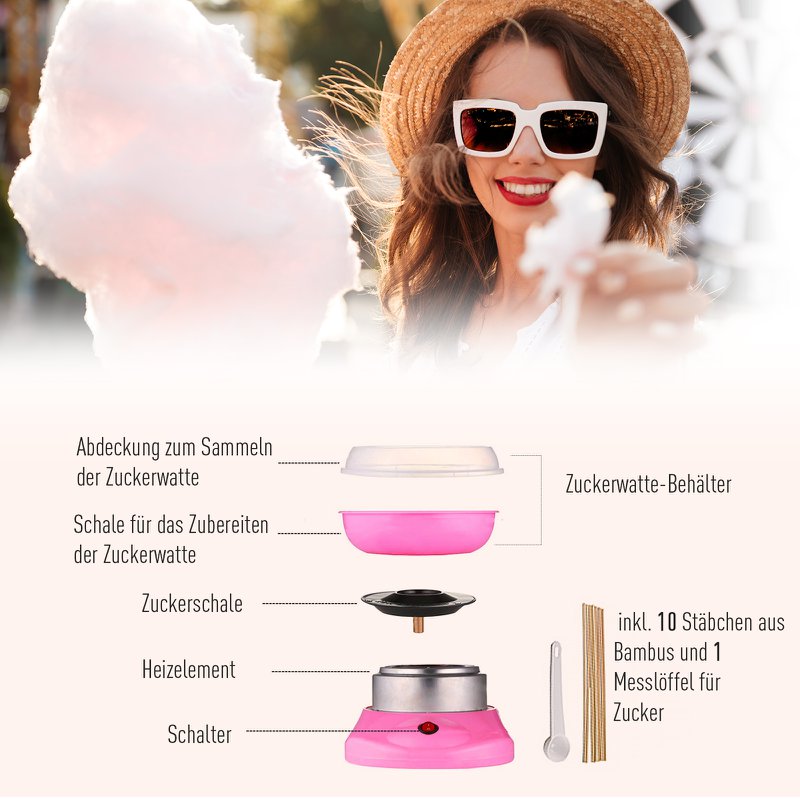 Máquina de algodón de azúcar para el hogar Máquina de algodón de azúcar Máquina de algodón de azúcar con palos y cuchara medidora Altura 18 cm 550 W para festivales infantiles, cumpleaños, fiestas rosa