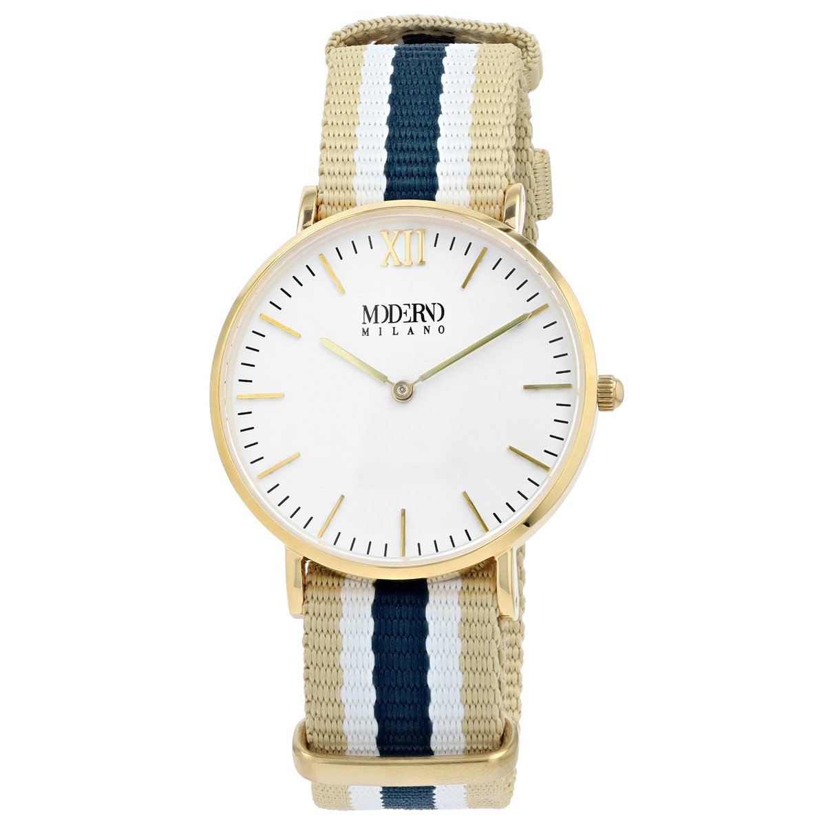 Montre pour femme Moderno Milano en acier inoxydable 36,5 mm, verre saphir et bracelet NATO en nylon (bleu-beige-blanc), couleur or