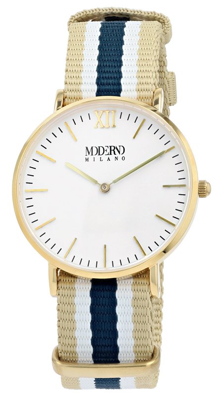 Montre pour femme Moderno Milano en acier inoxydable 36,5 mm, verre saphir et bracelet NATO en nylon (bleu-beige-blanc), couleur or