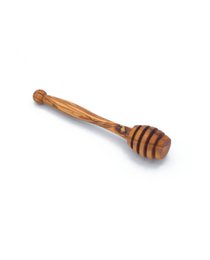 Olive wood honey dipper with a wooden handle and a honey drizzler. Suitable for use with honey, syrups, and other viscous liquids.