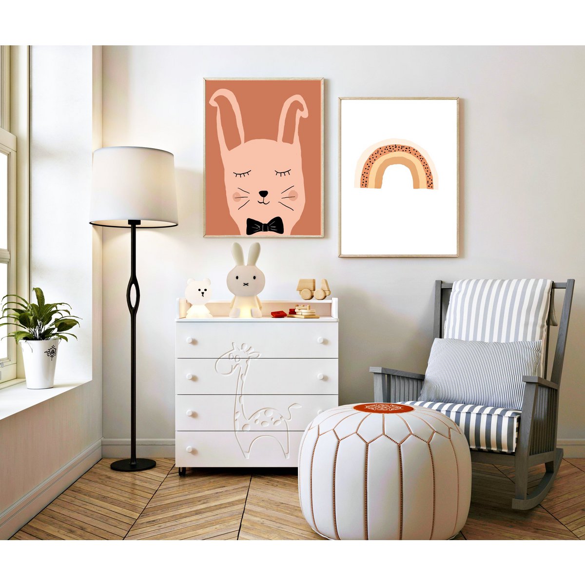 Kaninchen-Poster für Babyzimmer – Rost und Altrosa
