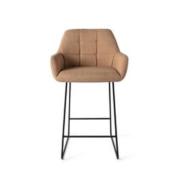 Beige upholstered bar chair with black metal frame. Arch-shaped backrest and padded seat for comfort. Suitable for use as a counter or bar stool.