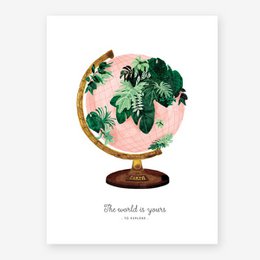 A decorative globe with tropical leaves and flowers, depicting the text "The world is yours". This poster features a vibrant, nature-inspired design that would be suitable for home decor or office spaces.