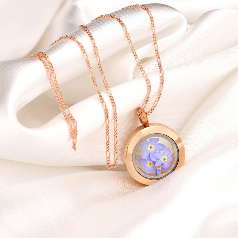 Medallón de Nomeolvides chapado en oro rosa - Collar chapado en oro de ley 925 con flores reales - K925-126