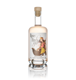 Rose Finch Craft Gin, a clear alcoholic beverage in a glass bottle with a label featuring a woman. The bottle has a cork stopper.