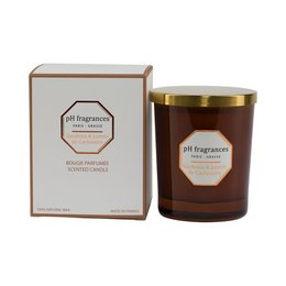 Tall, round, brown candle with a floral scent of gardenia and jasmine. Packaged in a decorative box.