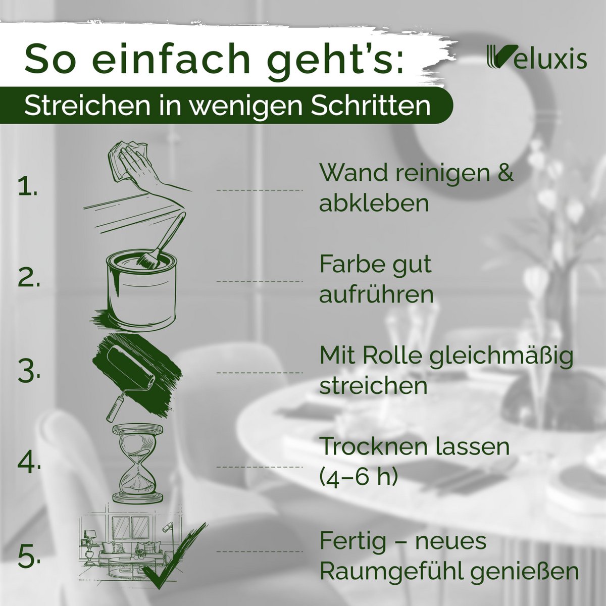Veluxis® Wandfarbe Grau für den Innenraum - 2,5 Liter & Deckkraft-Klasse 1, Streifenfrei, tropfarm & Öko Farbe, VOC-frei - (Shady Spice)