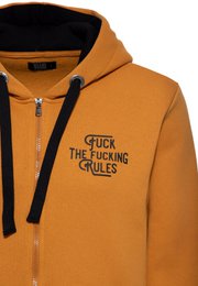 Kapuzensweatjacke 'Fuck The Fucking Rules' in Senf