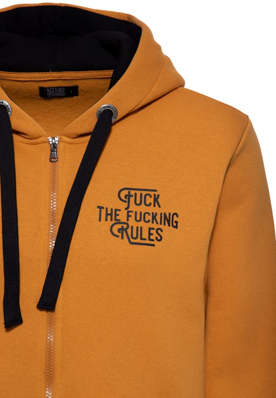 Kapuzensweatjacke 'Fuck The Fucking Rules' in Senf