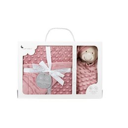 Soft, cozy coral fleece baby blanket with a plush doudou toy. Ideal for snuggling and comforting your little one.
