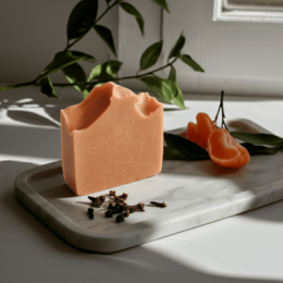 Natural calendula soap with orange slices and cloves on a gray cutting board.