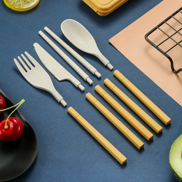 Detachable and portable cutlery kit with 8 color options, including beige, yellow, orange, pink, dark blue, light blue, light green, and aqua green. The set includes a variety of utensils such as forks, knives, and spoons with wooden handles.