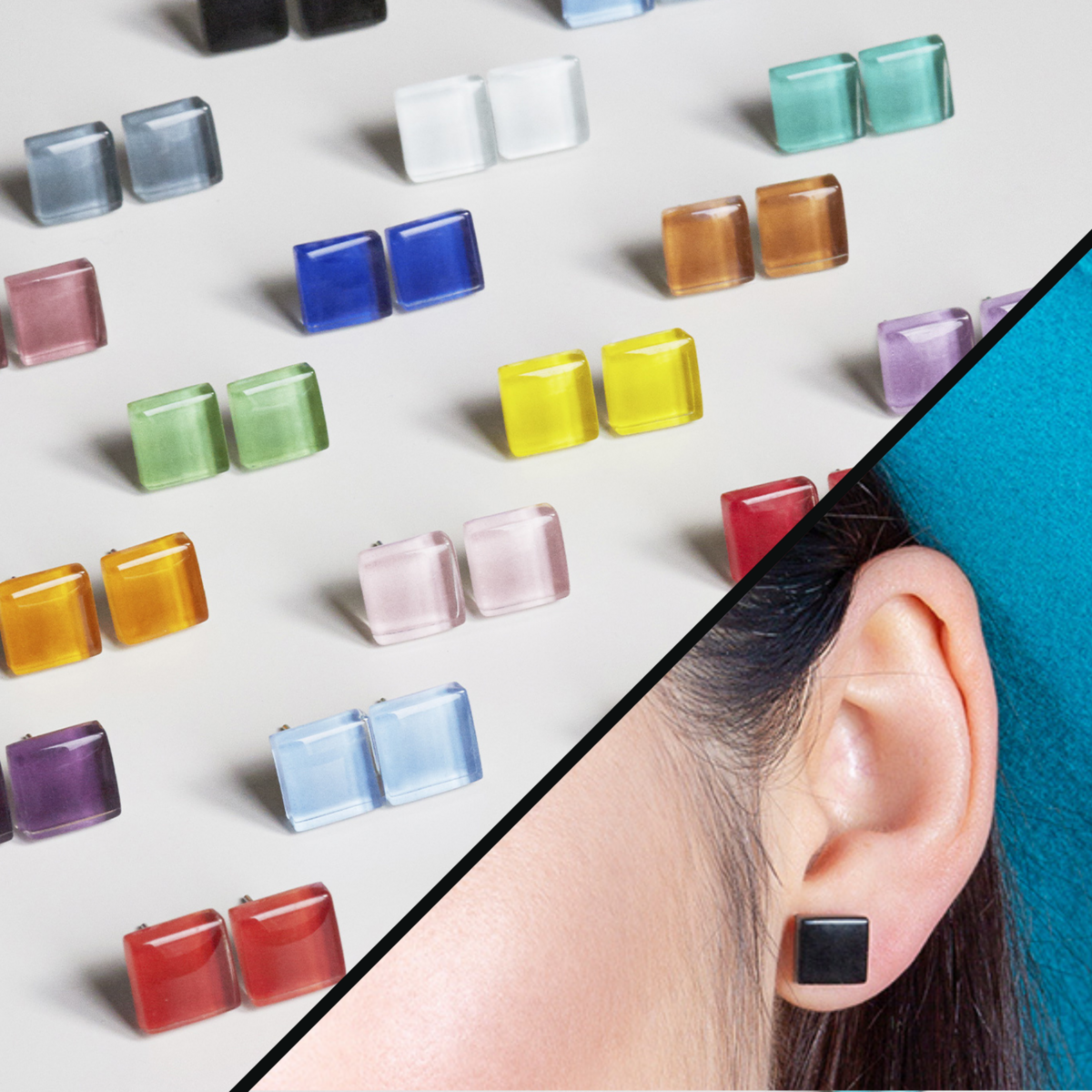 Square ear studs with glass stones in many colors • 10mm • sustainable / minimalistic / durable
