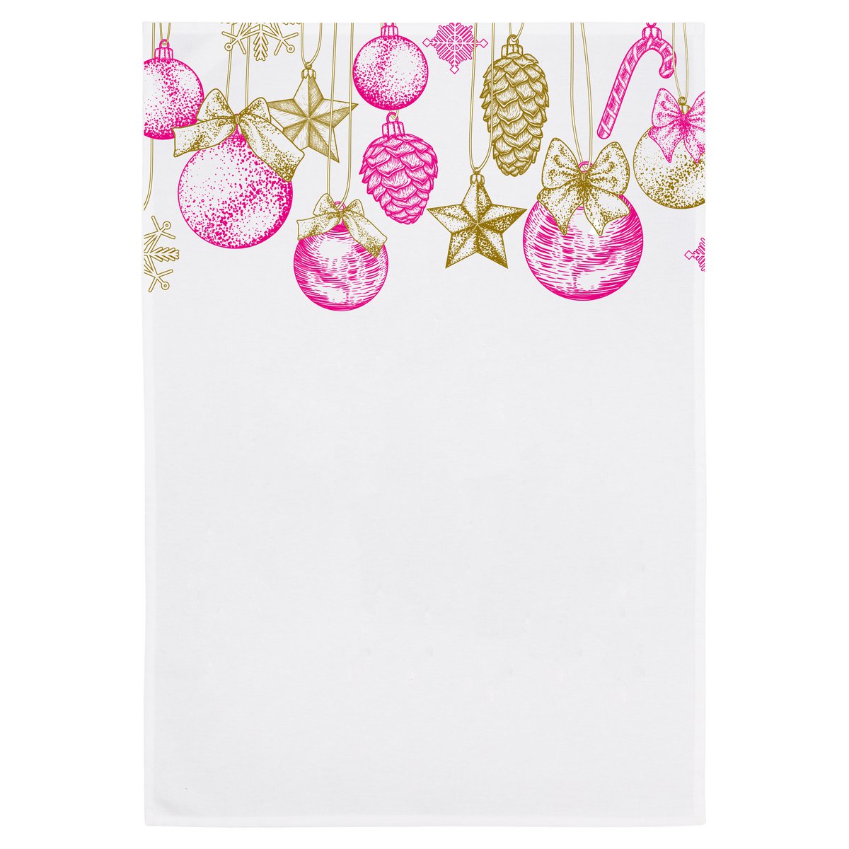 Tea towel white, Christmas decorations, gold & neon pink