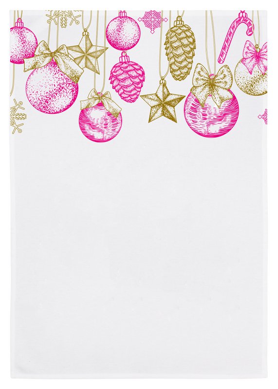 Tea towel white, Christmas decorations, gold & neon pink