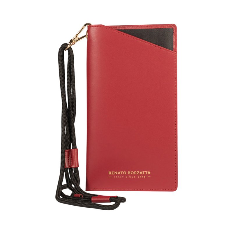 RB1087V | Brillen-/Smartphone-Halter mit Schultergurt, hergestellt in Italien aus echtem, glattem, mattem Leder. Rote Farbe