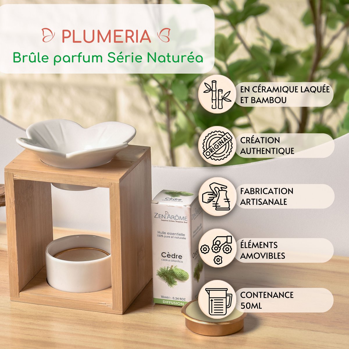 Perfumy Burner Seria Naturea - Plumeria - z ceramiki i bambusa - Aromaterapia, woski zapachowe, olejki eteryczne - Dekoracyjny pomysł na prezent