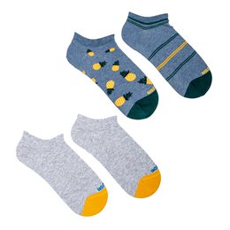 Two pack of low cut combed cotton socks featuring a pineapple print and solid color design. Soft, breathable, and comfortable for everyday wear.