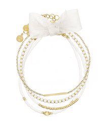 A set of delicate, stackable bracelets in bright white, gold, rose gold, and light silver colors. The bracelets feature a mix of beads, chains, and charms for a stylish and versatile look.