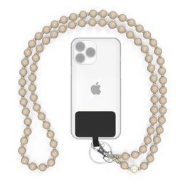 Wooden beaded phone chain with handmade details, suitable for smartphone cases. Features natural wood beads in a neutral color palette.