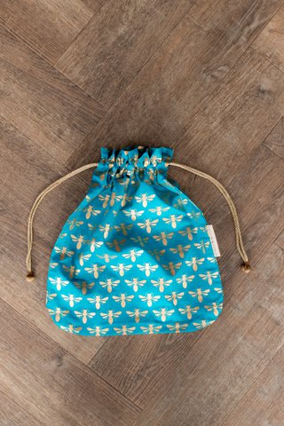 Stoffgeschenktüten Double Drawstring - Luxe Gold Collection - Türkis / Bienen