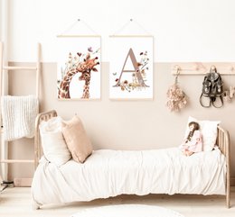 Giraffe nursery poster, giraffe poster, floral nursery print, mother and baby giraffe poster, nursery giraffe print, wildflowers print, girls nursery poster, girls room decoration