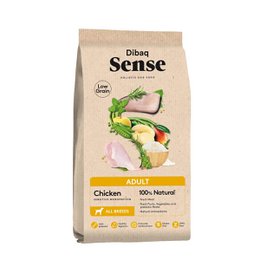 "Chicken and rice pet food, natural ingredients, adult dog formula, beige bag packaging"