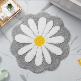 Gray and white daisy flower bath mat, non-slip washable quick dry floor mat, cute abstract floral design.