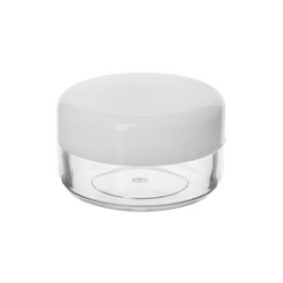  A small, round, clear glass cosmetic container with a white lid. The container appears to be designed for holding small amounts of cosmetic or personal care products.