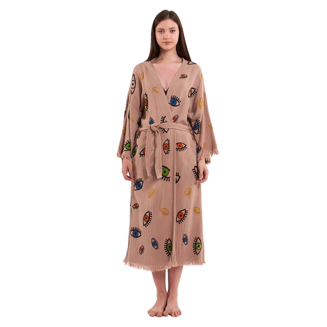 Evil Eye Bathrobe-Shawl Neck-Light Brown