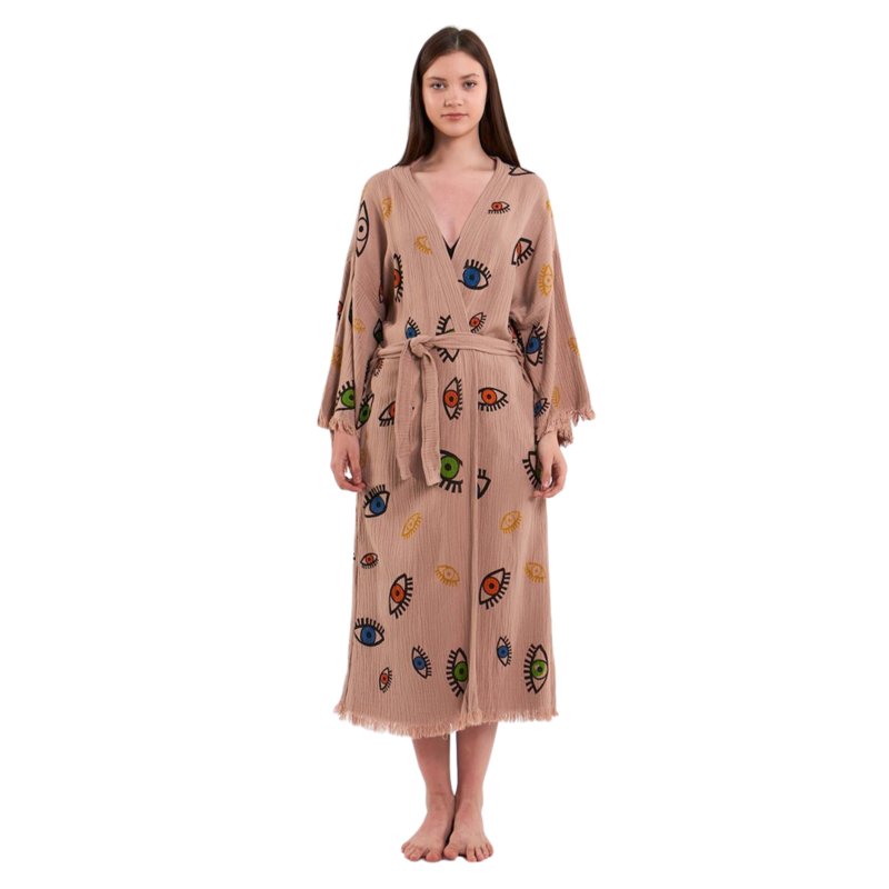 Evil Eye Bathrobe-Shawl Neck-Light Brown