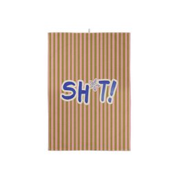 Beige tan striped kitchen towel with blue "Sh*t!" text print, cotton material, humorous design, vertical stripes.