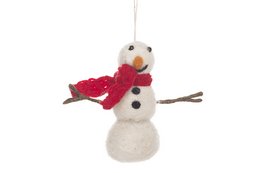 Handmade felt snowman with knitted scarf, biodegradable hanging decoration. White snowman with red scarf, stick arms, and snowy background.