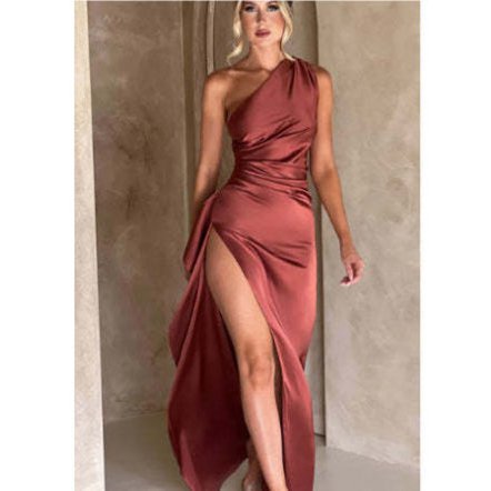 Sexy One-Shoulder-Kleid mit rückenfreiem Schlitz und Sommer, elegant, schmal geschnitten, einfarbig, Satin-Kleider für Damen