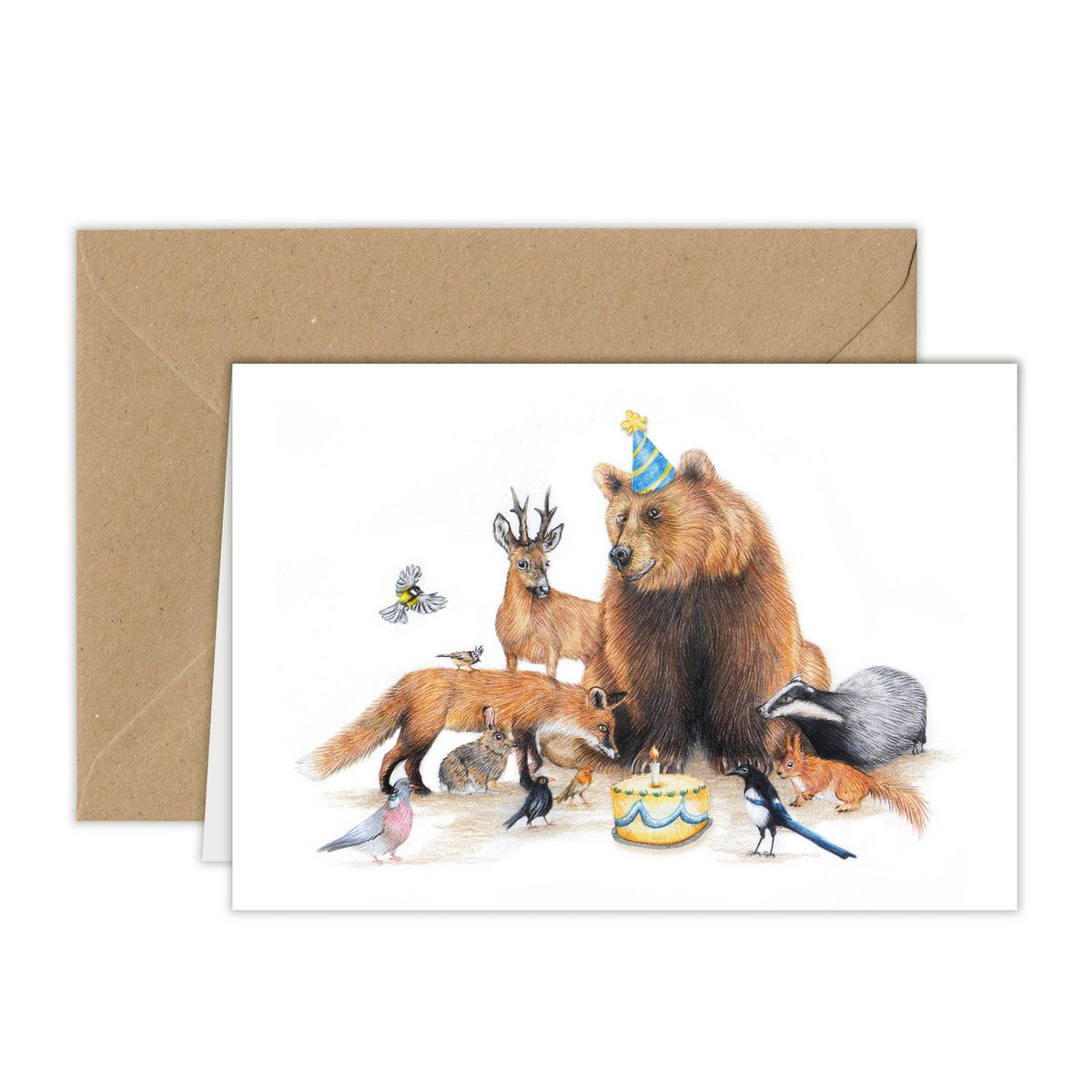 Felice giorno dell'"Orso", biglietto di compleanno, biglietto di auguri, uccelli