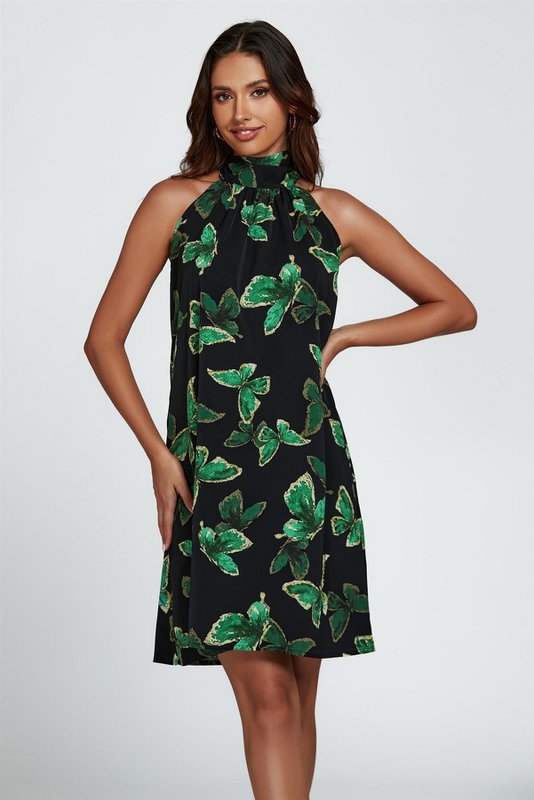 Butterfly Print Halter Neck Bind Mini Dress i grøn
